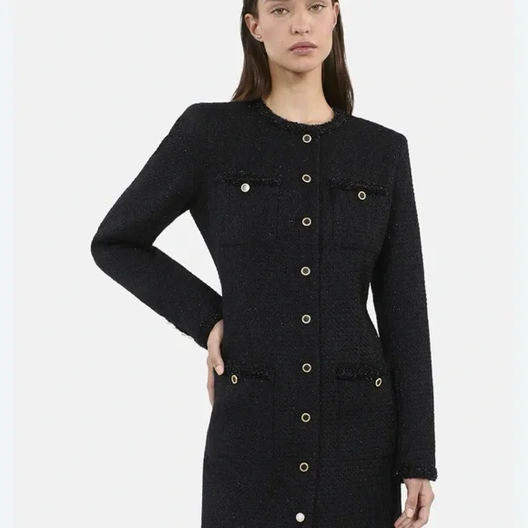 slim fit dress slacks Restocked* Dulce Gold Buttons Tweed Work Dress In Black  The Design Closets